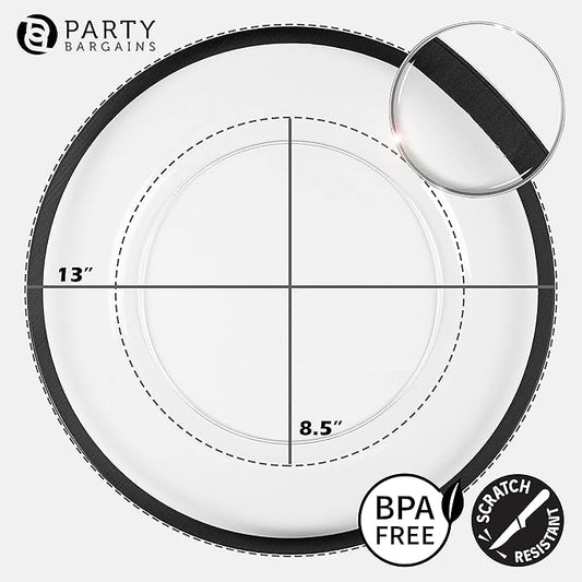 PARTY BARGAINS 13-Inch Charger Plates - 4 Pack, Clear Black Rim, Heavy-Duty Disposable Chargers for Elegant Dining - Ideal for Weddings and Formal Events