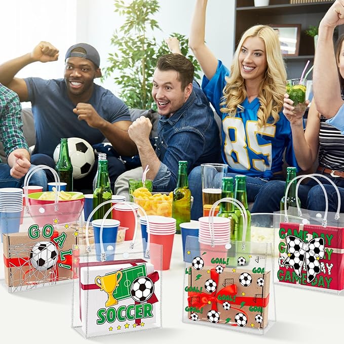 H1vojoxo Soccer Party Gift Bags - 24PCS Soccer Clear PVC Gift Bags with Handles Bulk 4 Styles Sports Theme PVC Plastic Gifts Wrap Tote Bag Reusable Clear Gift Bag for Ball Team Birthday Party Favor