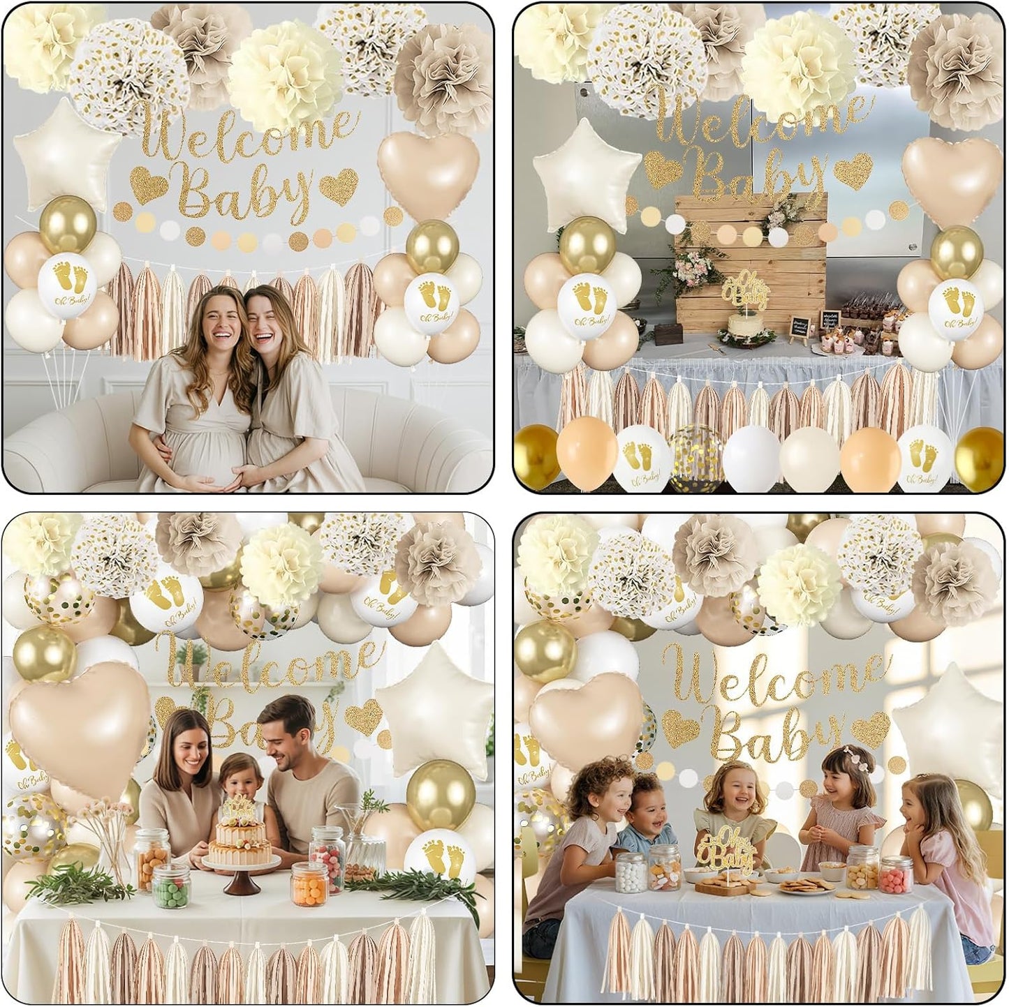 Neutral Gold Baby Shower Decorations for Boys Girls, Boho Welcome Baby Banner Gold Cream Beige Sand White Confetti Latex Balloons Oh-Baby Cake Topper Pom Poms for Baby-Shower Birthday Party Decoration