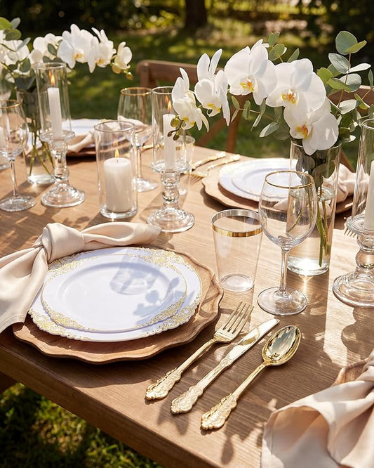 Nervure 100Pcs White and Gold Plastic Plates - 10.25Inch Gold Disposable Plates - Heavyweight Dinner Plate for Wedding & Party