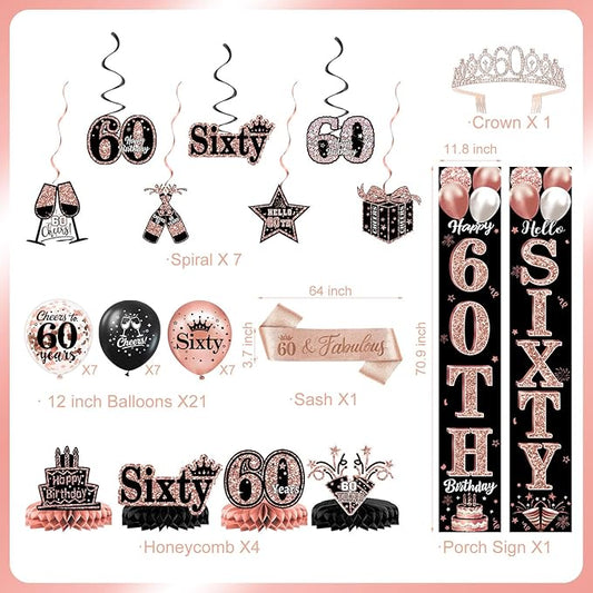 60th Birthday Decorations for Women, 38pcs 60th Birthday Crown and Sash, Black Rose Gold Happy 60th Birthday Banner Balloons Backdrop Hanging Swirls Porch Banner for 60 Years Old Birthday Decorations