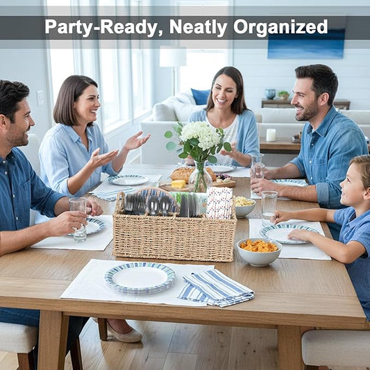 Wicker Party Silverware Caddy, Handwoven Seagrass Cutlery Utensil Holder with Handles, Kitchen Countertop and Picnic Flatware Organizer