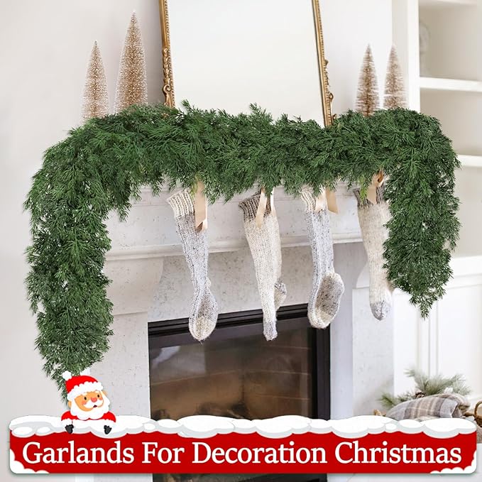 16 Ft Christmas Garland Soft Bendable Realistic Artificial Cedar Pine Green Xmas Mantle Garland for Staircase with Gift box Garlands for Decoration Christmas fireplace porch Table Home Room Yard Decor
