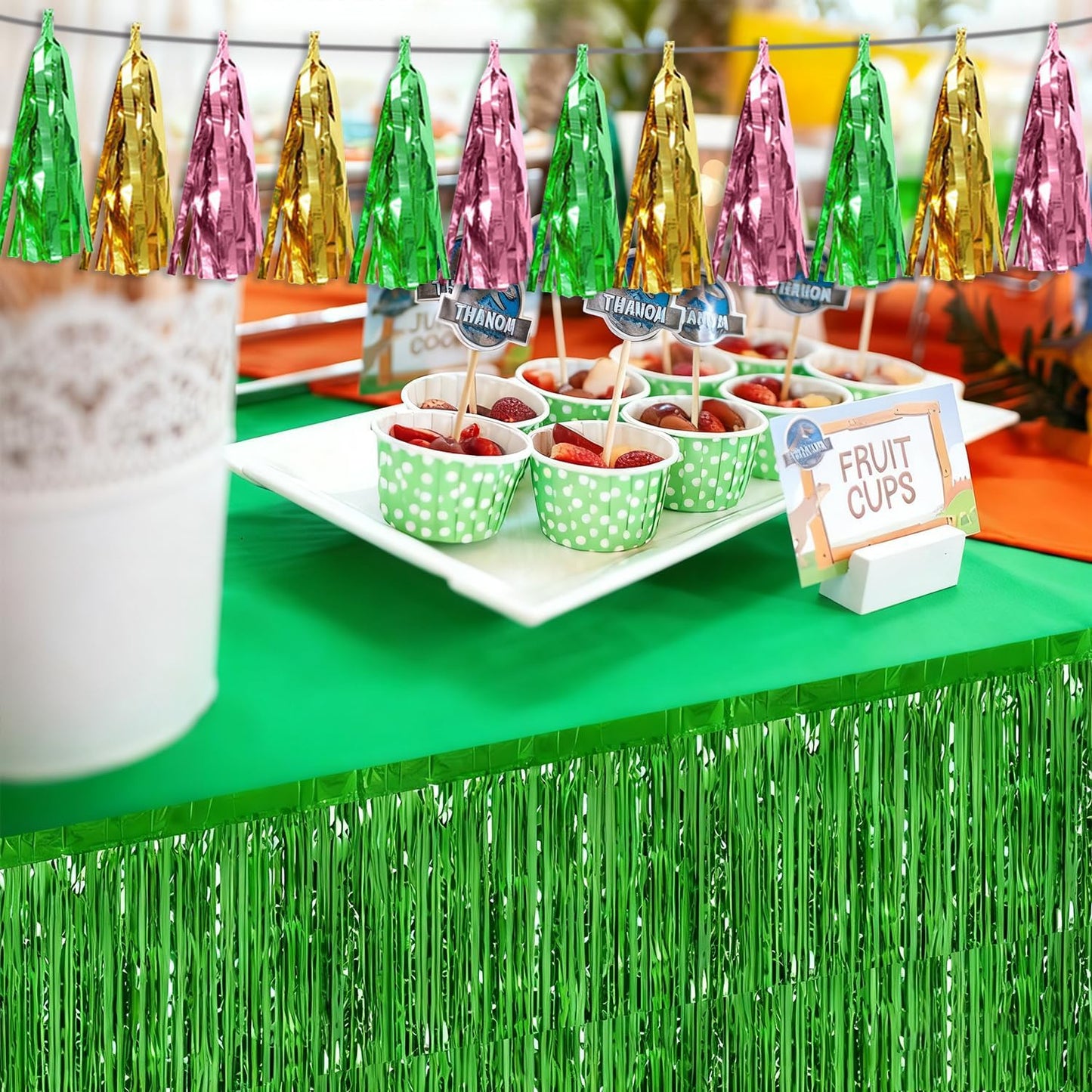 4P Sage-Green Gold Pink Tassel Banner Garland Metallic Foil Fringe Banner Tinsel Tassels Streamer Banner Backdrop for Parade Floats, 2025 Graduation Decorations, Woodland Party Decoration