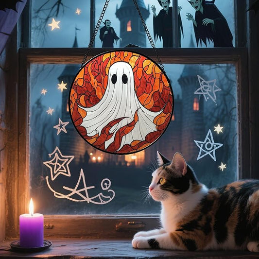 Halloween Stained Glass Window Suncatcher | Ghost Pumpkin Bat Hanging Decor 7.8"