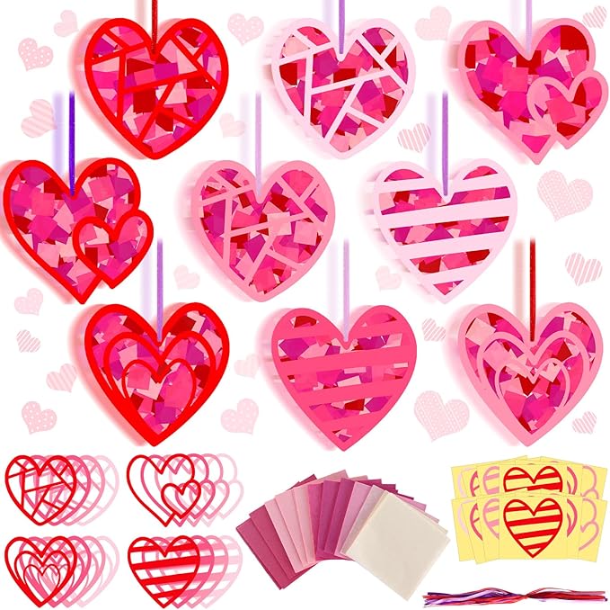 Motipuns 32 Sets Valentine Suncatchers Paper Craft Set DIY Heart Shaped Window Stained Glass Effect Paper Kit for Valentine Mother's Day Art Projects Party Favors(Cute Style)