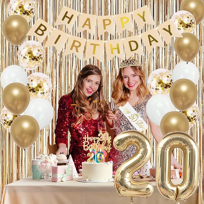 Trgowaul Happy 20th Birthday Decorations for Girls, Banner, Sash and Crown, Cake Topper, 20 Number Balloon, Fringe Curtains, Champagne Gold 20th Birthday Party Supplies