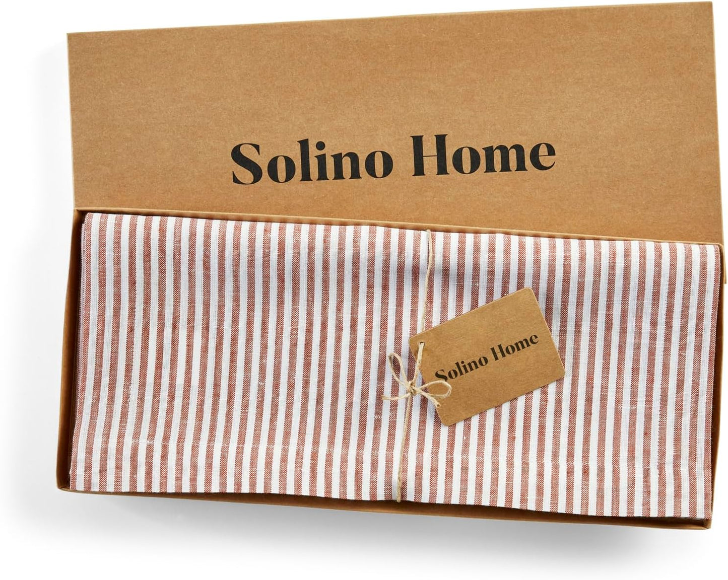 Solino Home Linen Table Runner 48 Inches - Narrow Stripe 100% Pure Linen Cinnamon and White Table Runner 14 x 48 Inch Ideal for Dresser and Coffee Tables - Fall, Autumn, Halloween, Thanksgiving