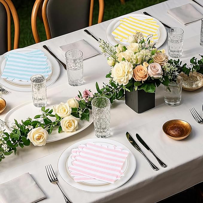 100 Pcs Cocktail Napkins Colorful Stripe Napkins with Scalloped Edges 5 x 5 Inch Dinner Napkins Disposable Thick Paper for Wedding Dinner Birthday Party - Assorted Colors Pink Purple Yellow Blue