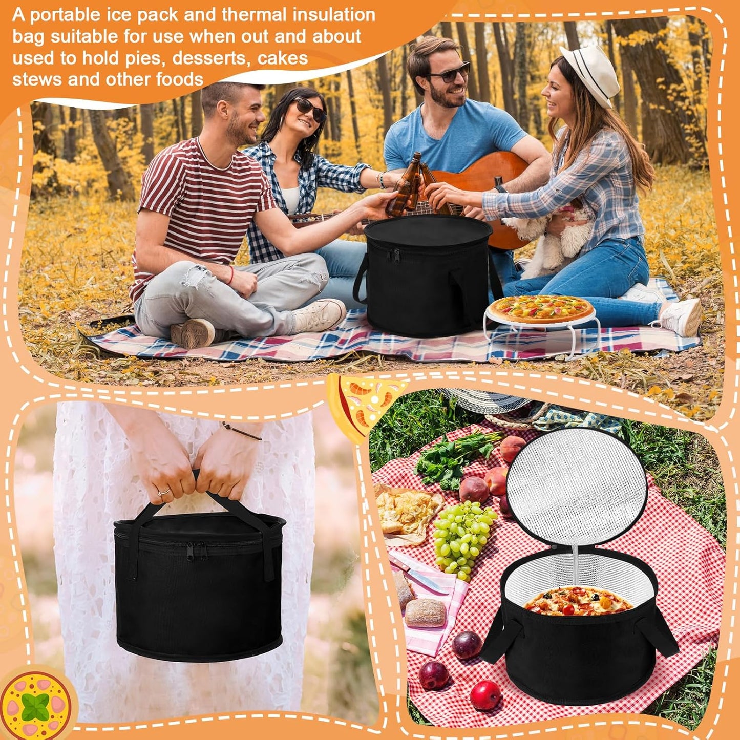 Yaomiao 2 Set Round Pie Carrier 11 x 7 Inch with Dish Tray Plate Stacker Insulated Casserole Carrier with Lid and Handle Reusable Cooler Thermal Bag for Cold Food for Potluck Picnic (Black)