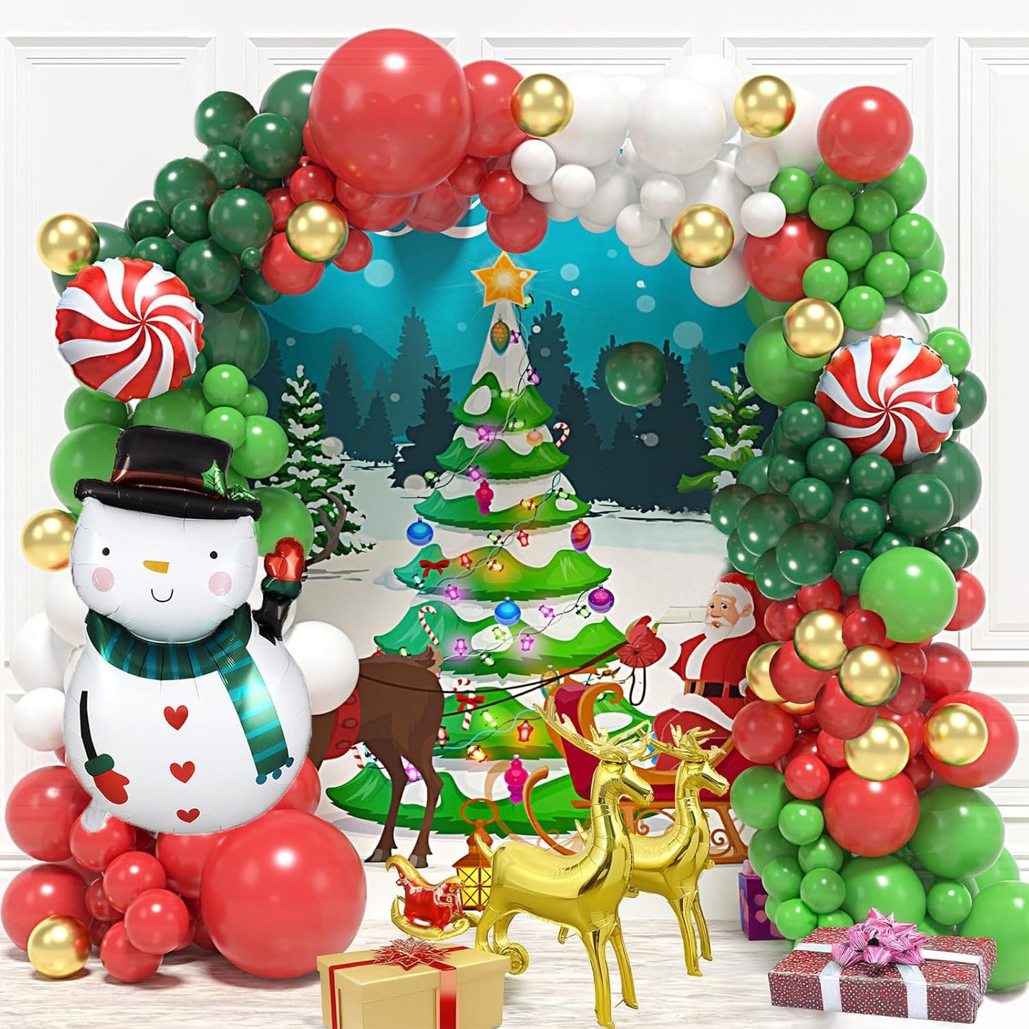 183Pcs Christmas Balloon Garland Arch Kit with Red Gold Green White and Xmas Gingerbread Candy Cane Lollipop Sled Reindeer Foil Balloons for Christmas Party New Year Decorations Supply