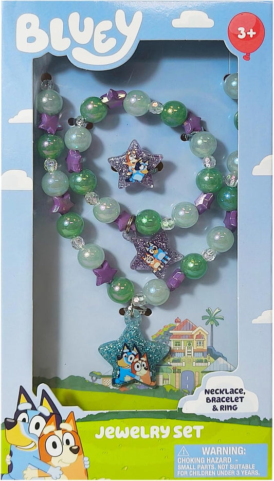 LUV HER Bluey Girl's Jewelry Set - Dress up Toy Jewelry Box Set with Bead Necklace, Bracelet and Ring - Play Accessories - Ages 3+