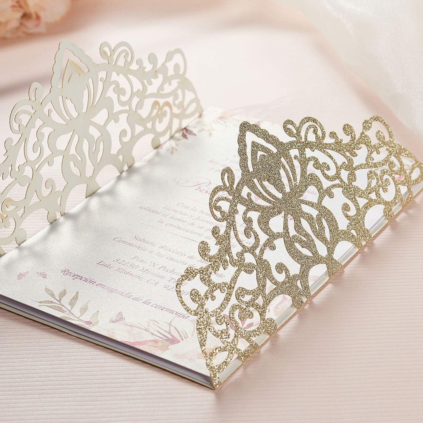 50Pcs Glitter Floral Laser Cut Wedding Invitation Cards with Envelope Blank Inner Sheet and Ribbon for Wedding Engagement Bridal Shower Party Invite(7.09 X 4.92inch, Gold)