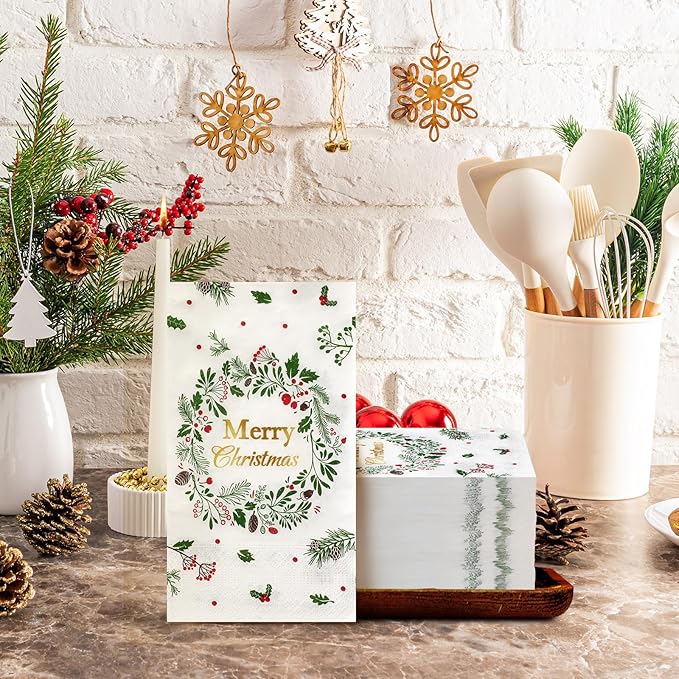Karenhi 200 Pcs Merry Christmas Guest Napkins Holly Berry Disposable Hand Towel for Bathroom 2 Ply Xmas Decorative Napkin Bathroom Paper Hand Towels Christmas Party Decor for Winter Party Holiday