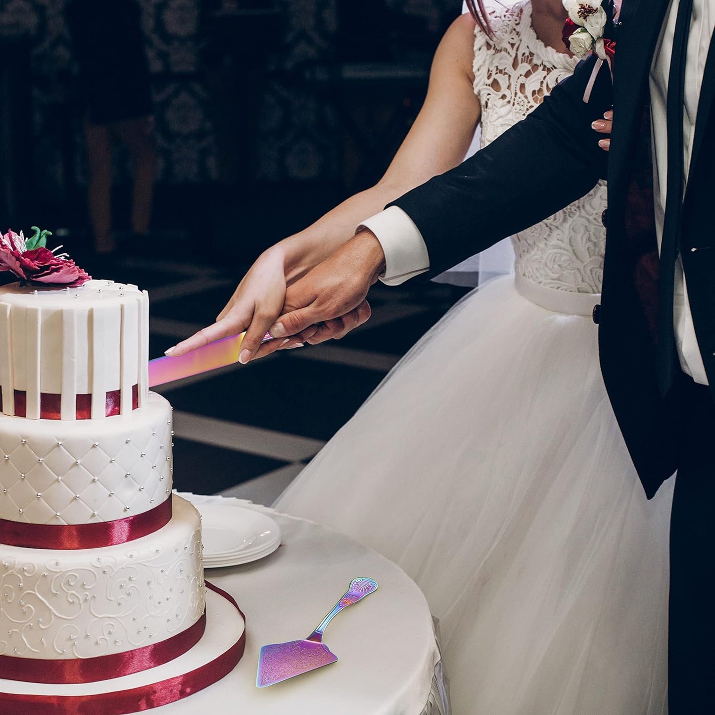 Orblue Wedding Cake Knife and Server Set - Premium, Beautifully Engraved Cutting Set - Elegant Keepsake for Newlyweds Multicolored