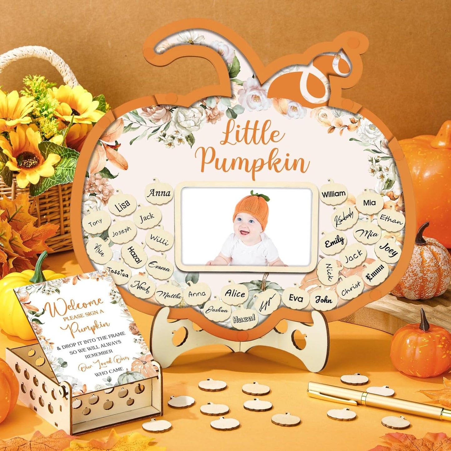 Wenqik 63 Pcs Little Pumpkin Baby Shower Guest Book Alternatives Set Baby Shower Decorations with Photo Frame Sonogram Frame Keepsake 60 Wood Slices Guest Book for Birthday