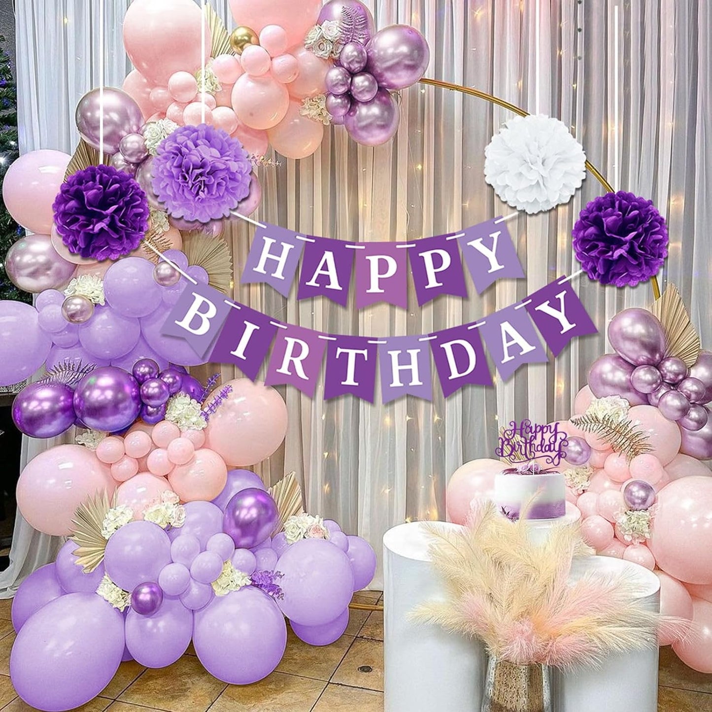 Purple Birthday Decorations, Purple Party Decorations with Balloons Happy Birthday Banner Bday Sash and Crown Tablecloth Fringe Curtain Paper Pom Poms for Women Girls Bday Decor