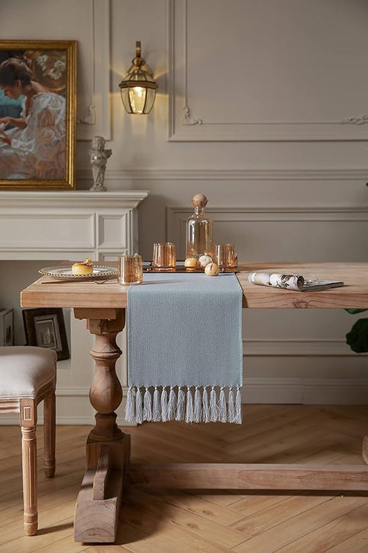 ZeeMart Dusty Blue Table Runners 72 Inches Long, Burlap Linen Style Rustic Farmhouse Table Runner, Boho Woven Dining Table Runner, 13x72 Inches, Light Dusty Blue