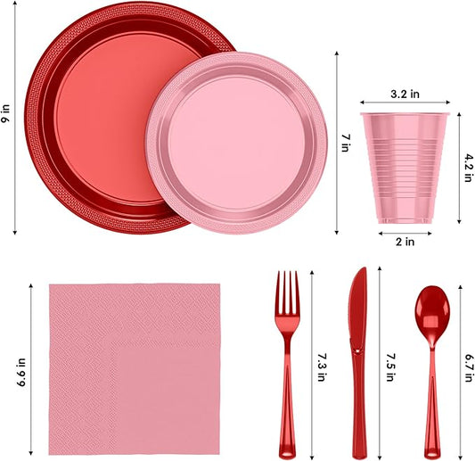 Party Solids 350 Pieces Valentines Plastic Plates For Party, Valentines Disposable Plates Set, 50 Of Each 9" Dinner Plate Set, 7" Dessert Plate, Cups, Napkins & Cutlery Plastic Dinnerware