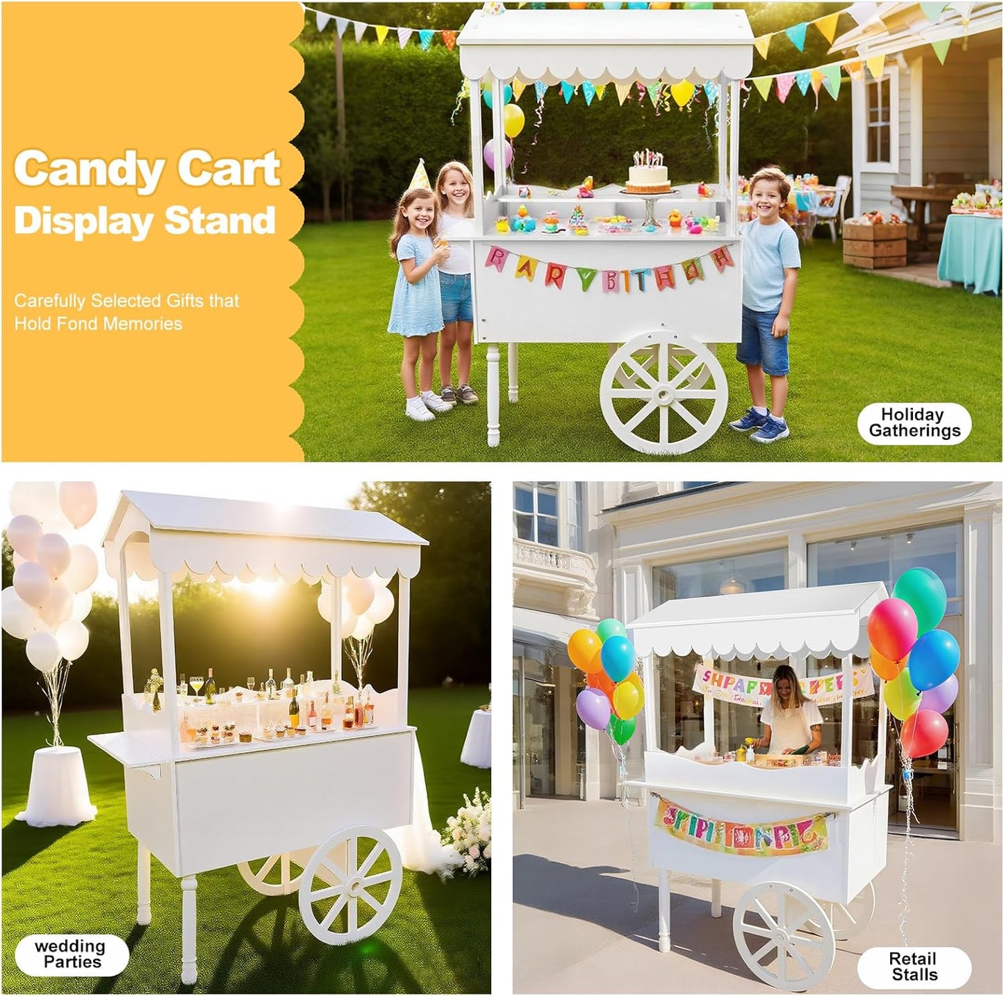 Candy Cart Display Stand for Party, Dessert Cake Cart Stand with Wheels, Vintage Dessert Display Stand Decoration Cart with 100 Balloons, String Light for Parties, Birthdays & Weddings (WHITE)