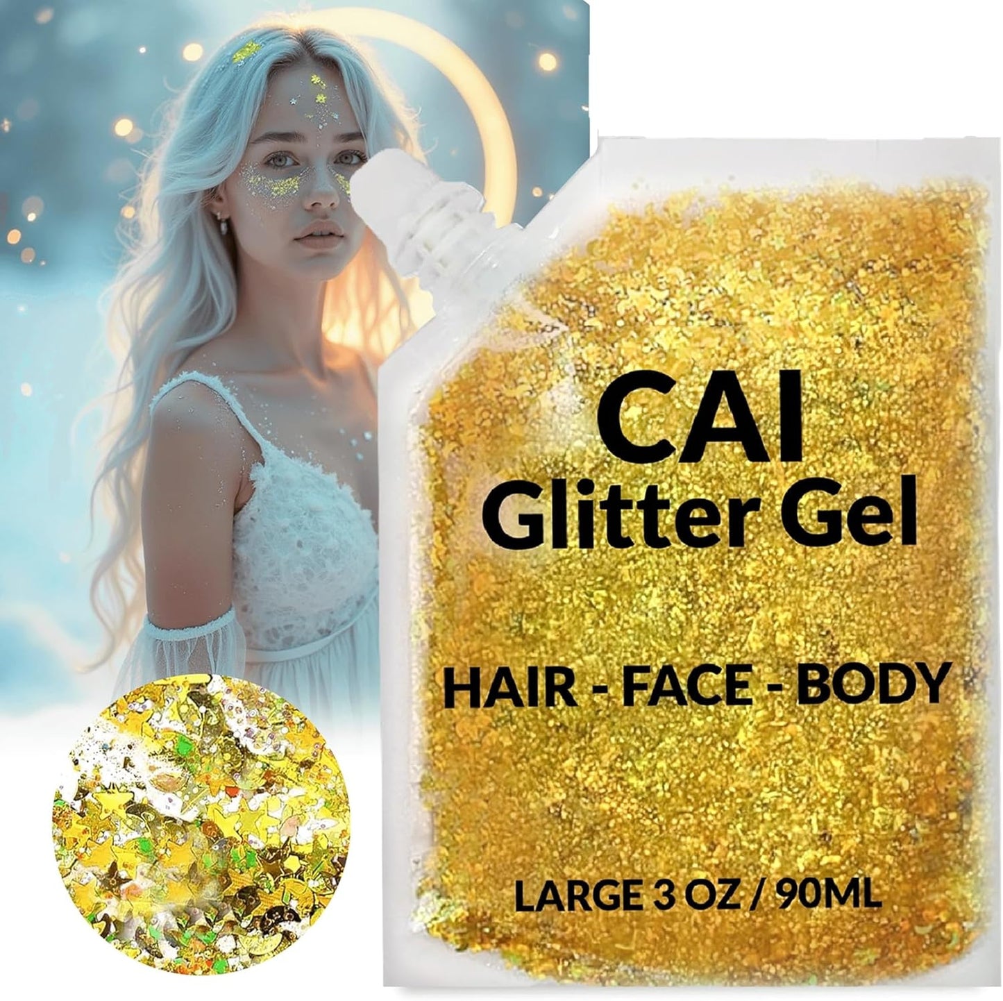 Face, Body & Hair Glitter Gel – Halloween Glitter for Kids and Women – 3 Oz Cosmetic-Grade Gel w/Moon & Stars for Festivals & Halloween Party, Easy Apply & Wash Off - Gold 1Pack