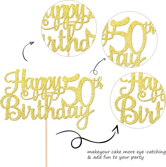 1 PCS Happy 50th Birthday Cake Topper Gold Glitter Cheers to 50 Years Birthday Cake Pick 50 Fabulous Cake Decoration for Happy 50th Birthday Anniversary Party Decorations Supplies