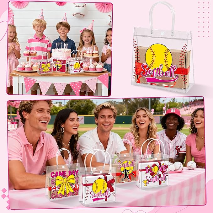 H1vojoxo Softball Goodie Gift Bags - 24PCS Softball Clear PVC Gift Bags for Team Girls with Handle Reusable Sport Party Favors Team Birthday Gifts Bag Treat Snack Bag for Girls End of Season Gifts Bag