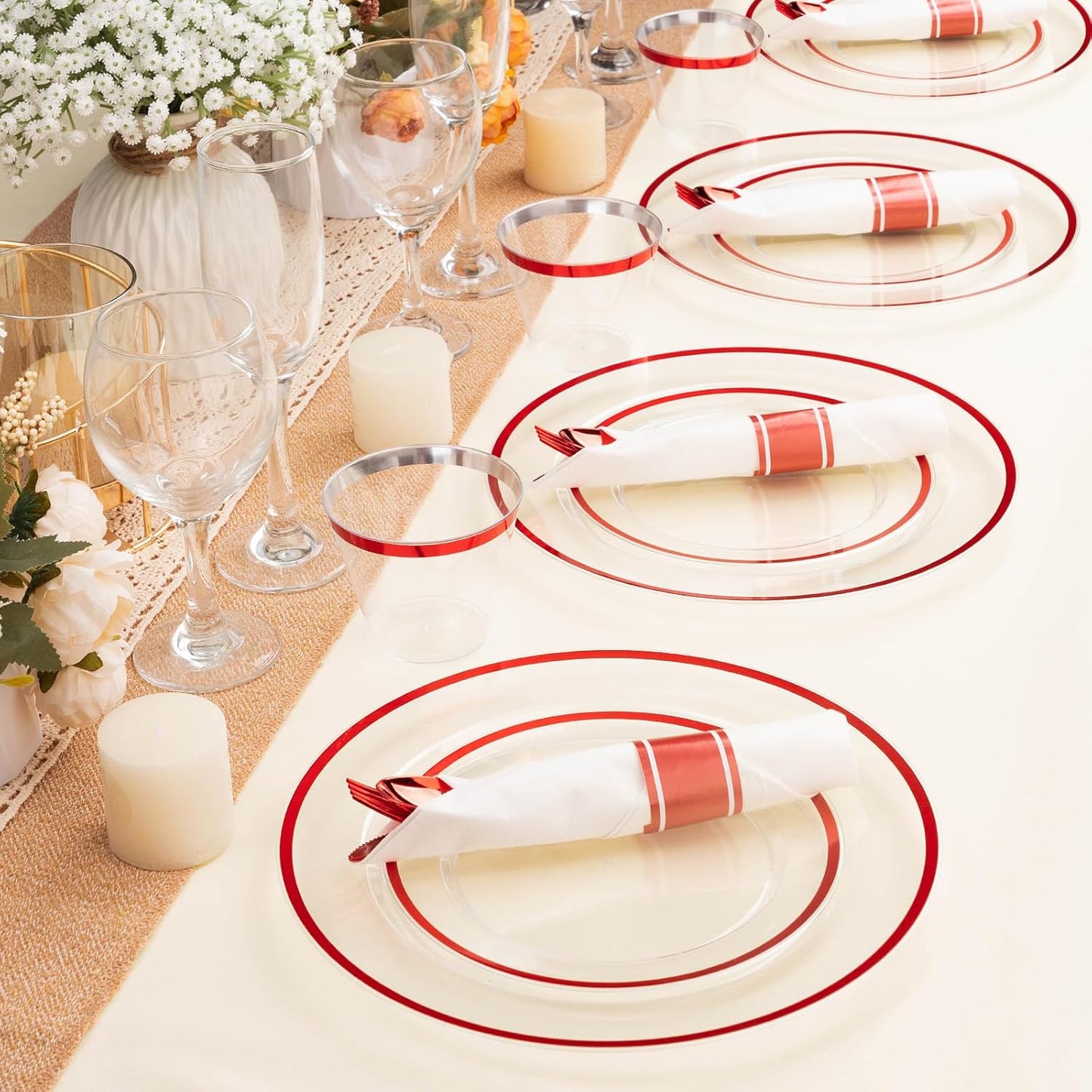 700PCS Clear Red Disposable Plastic Dinnerware Set for 100 Guests, 200 Plastic Plates, 100 Cups, 100 Pre-Rolled Napkins with Cutlery for Party, Christmas, Birthday, Wedding, Thanksgiving, Halloween