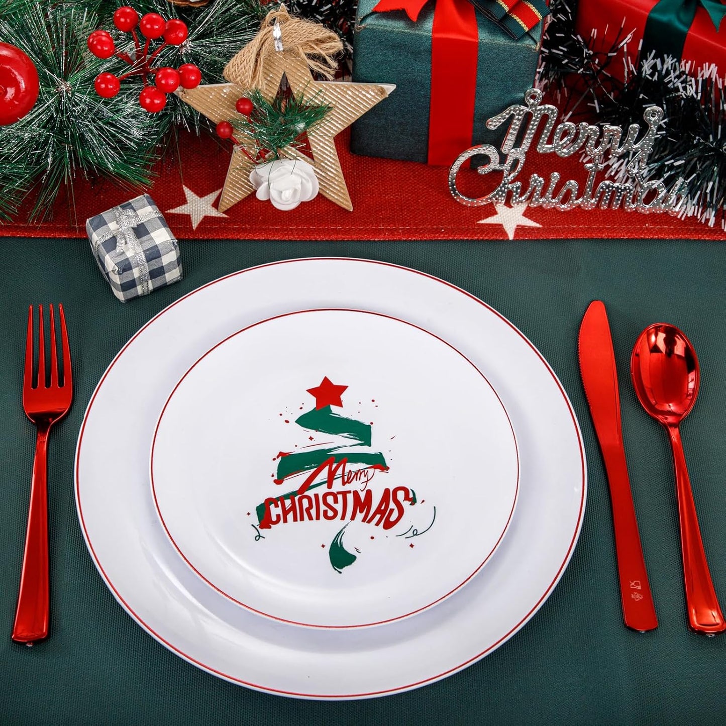 NOCCUR 60PCS Christmas Plates - Include 30 Dinner/Dessert Plastic Plates with Red Christmas Trees, Serve for 30 Guests