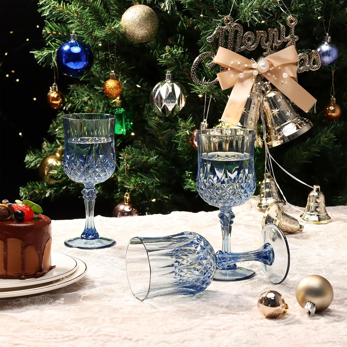 XUWAIDSGN 24 Pcs 7oz Plastic Vintage Wine Glasses Drinking Glasses Unbreakable Wedding Glassware Crystal Water Goblets Reusable Drinkware Vintage Champagne Flutes (24, Blue)
