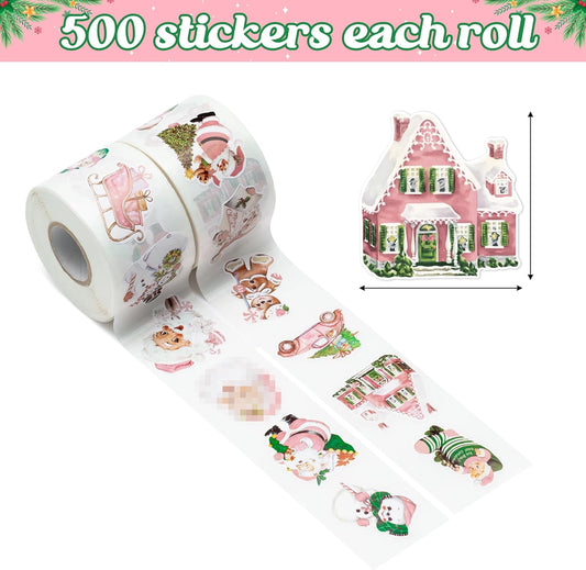 Vintage Pink Christmas Stickers - 1000pcs Winter Cartoon Retro Christmas Sticker Rolls Pink Victorian Santa Claus Elk Snowman Gingerbread Decorative Decals Xmas Holiday Party Decorations