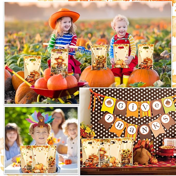 Fall Thanksgiving Treat Bags, 60 PCS Fall Thanksgiving Gift Bags with Handles, 9.8x6.5 Inch Plastic Maple Leaf Pumpkin Scarecrow Candy Goodie Cookies Bag for Falls Autumn Haverst Party Favor Supplies
