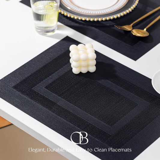 Placemats Set of 6 - Easy Clean Woven Vinyl Placemats for Dining Table, Indoor/Outdoor Place Mats, Washable PVC Table Mats(Black Cube)