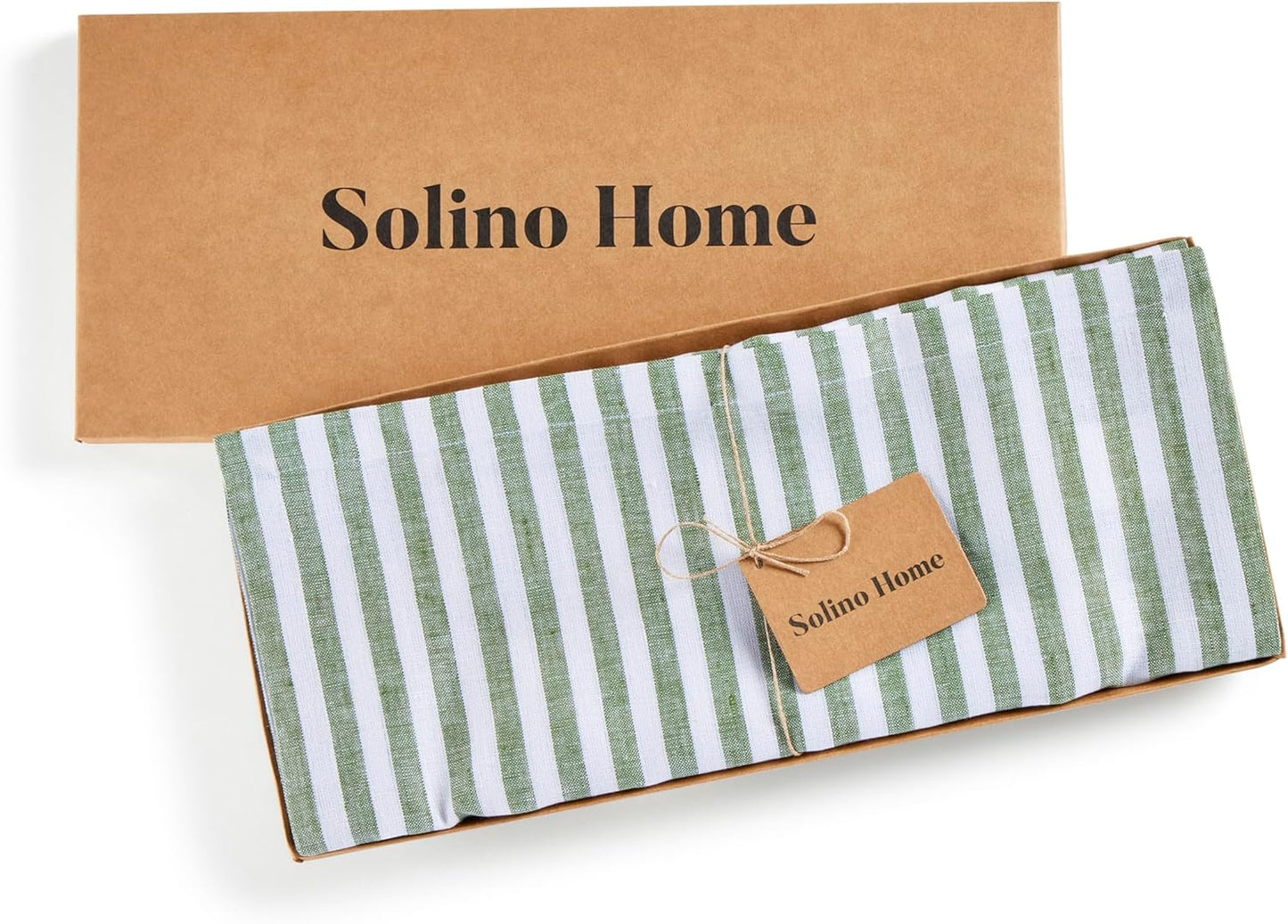 Solino Home Linen Table Runner 108 Inches Long - Amalfi Stripe, 100% Pure Linen Green and White Table Runner 14 x 108 Inch for Dining, Fall, Autumn, Christmas
