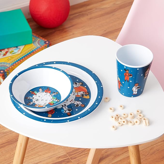 3 Piece Kids Dinnerware Set, Space Themed, BPA-Free Melamine, Multicolor, Toddler Feeding Set
