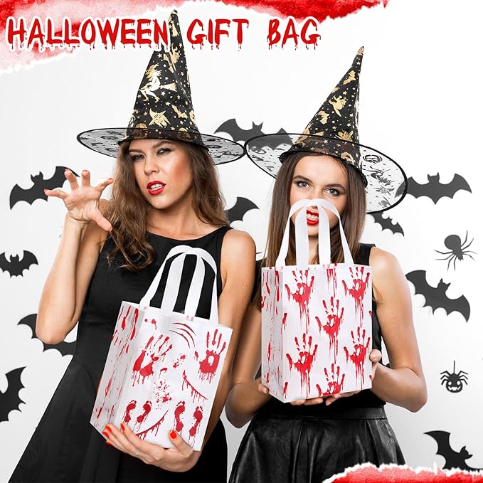 Wovnet 30 Pcs Halloween Party Favor Gift Bags Bloody Handprint Reusable Non Woven Goodie Treat Bags with Handle Horror Theme for Halloween Party Supplies 10 x 8 x 4in