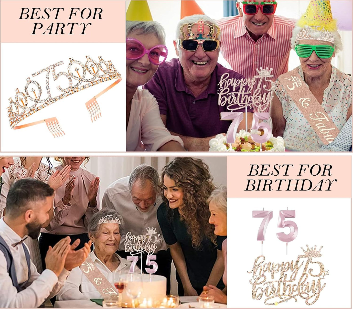75th Birthday Gifts Decorations for Women, Including 75 year old Cake Topper, Birthday Queen Sash with Pearl Pin, Sweet Rhinestone Tiara Crown, Number Candles and Balloons Set, Rose Gold