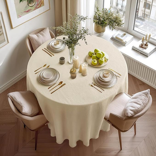 Linen World Round Tablecloth 90" Inch - 100% French Linen Washable Natural Tablecloth for Dining,Outdoor,Weddings and Restaurants,Decorative Thanksgiving Christmas,Sand Beige