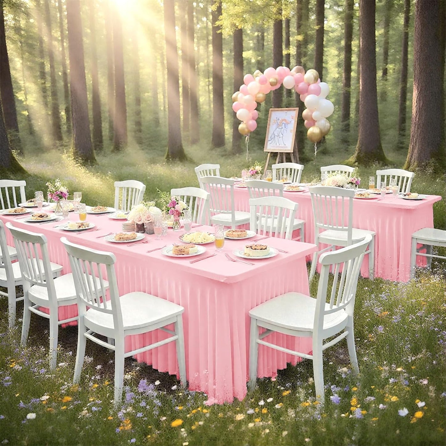 2 Packs Pink Stretch Table Skirts for 6 Foot Rectangle Table, Washable Spandex Stretch Tablecloths with Skirt, Wrinkle Resistant Fitted Tablecover for Wedding Party Banquet
