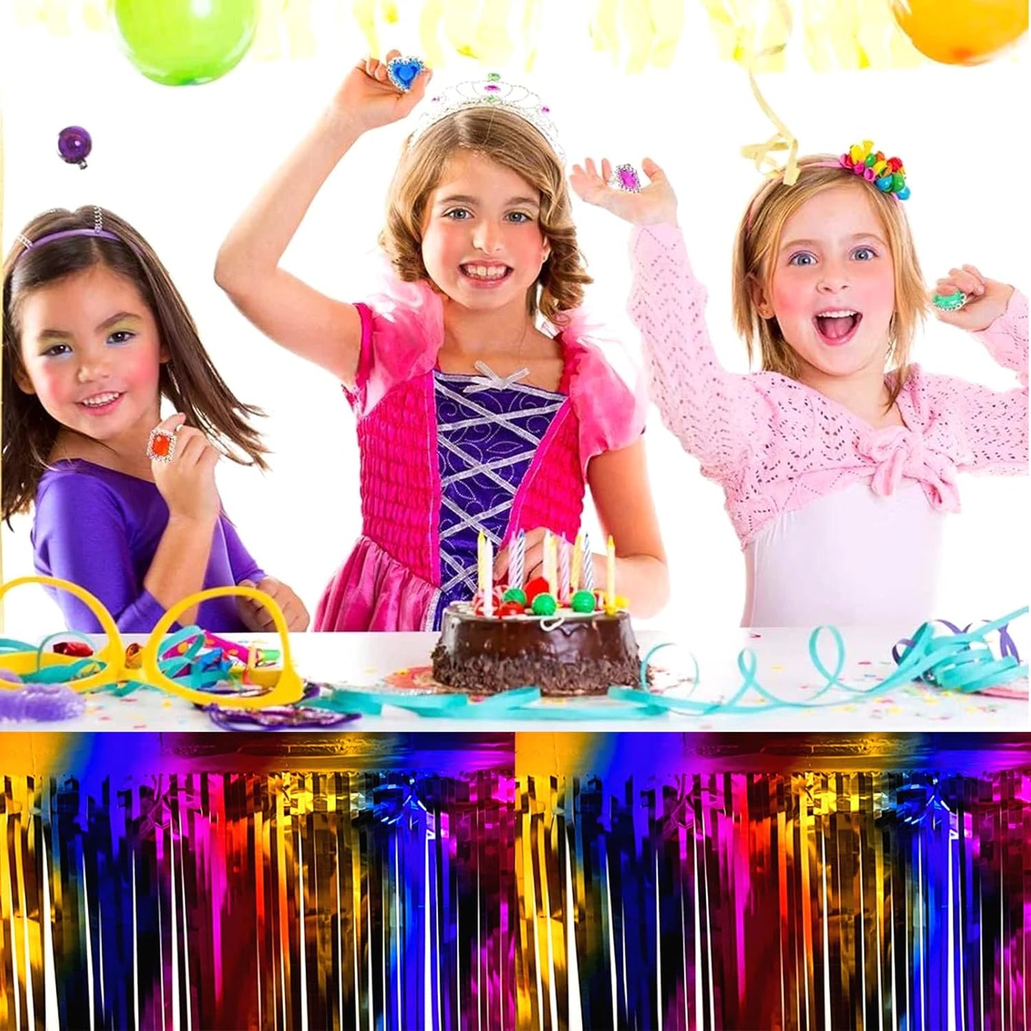 6 Pack 29x108 Inch Rainbow Metallic Foil Fringe Table Skirts Banner for Tinsel Streamer Garland Curtains Backdrop for Parade Floats Wedding Baby Shower Birthday Christmas Halloween Party Decoration