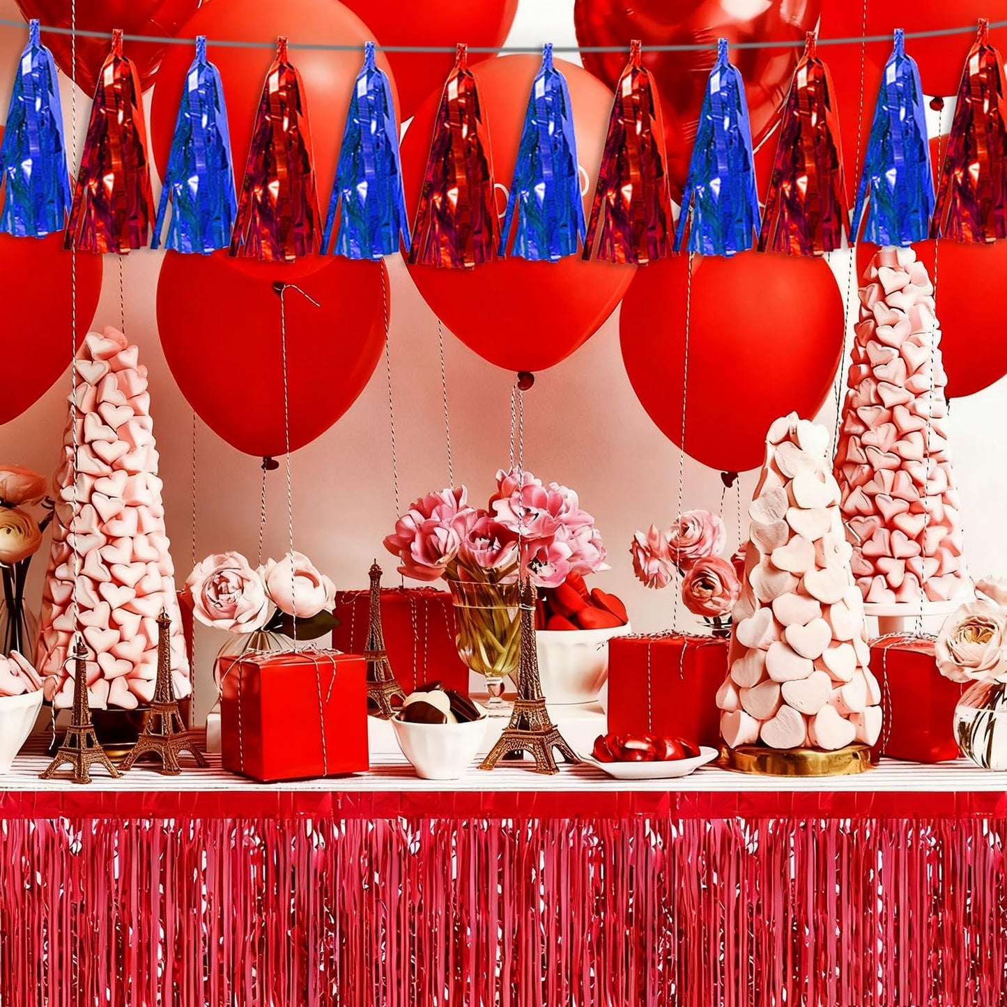 4P Blue Red Tassel Banner Garland Metallic Foil Fringe Banner Tinsel Tassels Streamer Banner Backdrop for Parade Floats, Graduation, Independence Day, 4th of july, Patriotic Themed Party Decoration