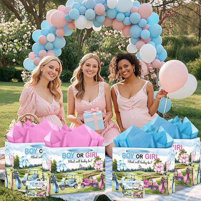 TagreSpike Golf Theme Gender Reveal Gift Bag with Tissue Paper & Card, Boy or Girl Paper Treat Bag for What Will Baby Be Golfing Party Decorations, Blue & Pink Baby Shower Supplies