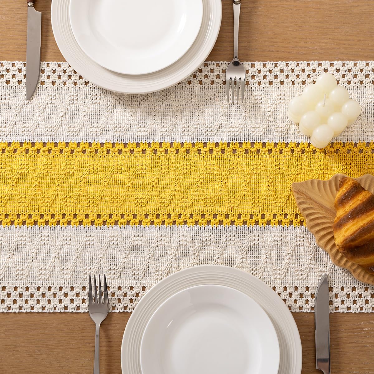 Socomi Boho Table Runner Macrame Fall Thanksgiving Farmhouse Woven Cotton Linen Rustic Coffee Table Runner with Tassels for Dresser Scarf Home Decor Dining Room 12x90 inYellow Gold Ivory
