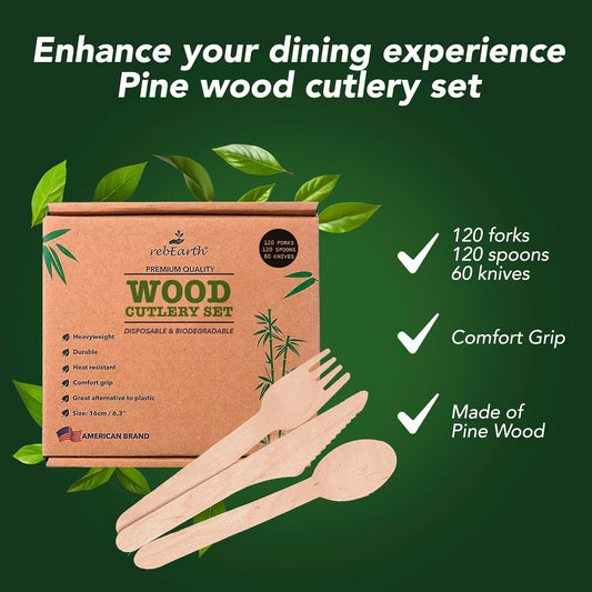 rebEarth 300 PCS disposable 120 Forks 120 Spoons 60 Knives All Natural Eco-Friendly Heavyweight Cutlery Set 6.3" - Durable, Heat Resistant - Perfect Alternative to Plastic for Every Occasion