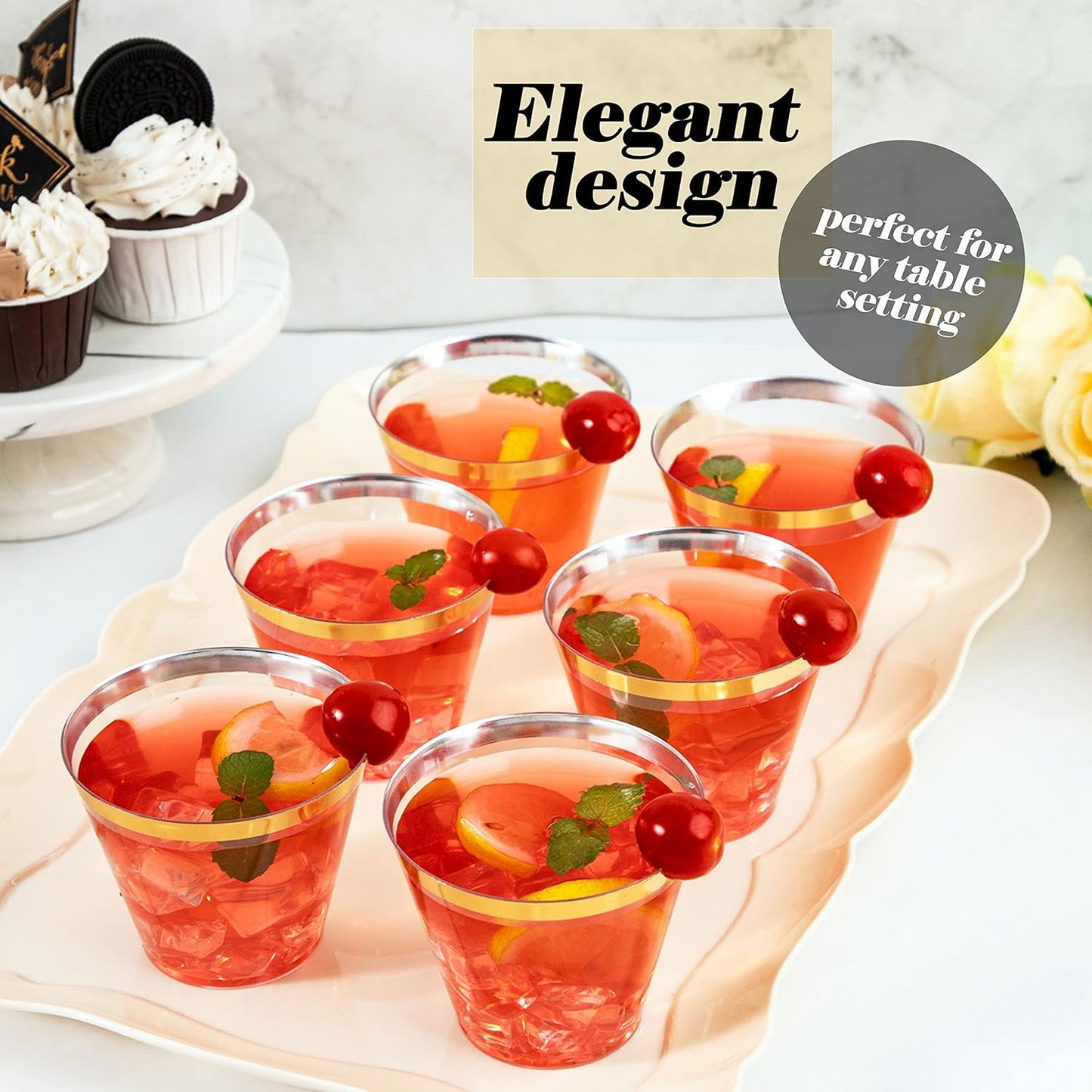 WDF 200 Pack Gold Plastic Cups - 9 Oz Elegant Clear Plastic Cups Gold Rimmed - Fancy Disposable Party Cup Wedding Cup Drinking Tumblers Cocktail Glasses for Thanksgiving