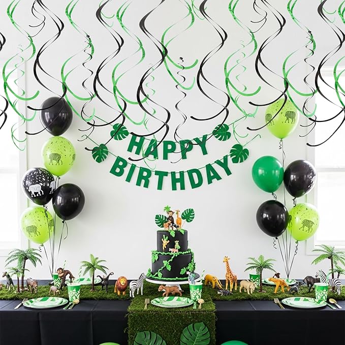 BEISHIDA Black Green Hanging Swirls Party Decorations Plastic Streamer for Dinosaur Theme Birthday Graduation Jungle Party Decorations, Pack of 24