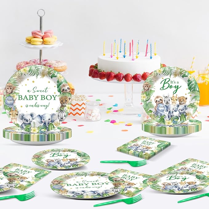 96Pcs Safari Jungle Baby Shower Party Supplies Green Wild Animals Baby Boy Paper Plates Napkins Baby Shower Party Decorations Safari Jungle Dinnerware Party Favor Wild One Tableware Serves 24