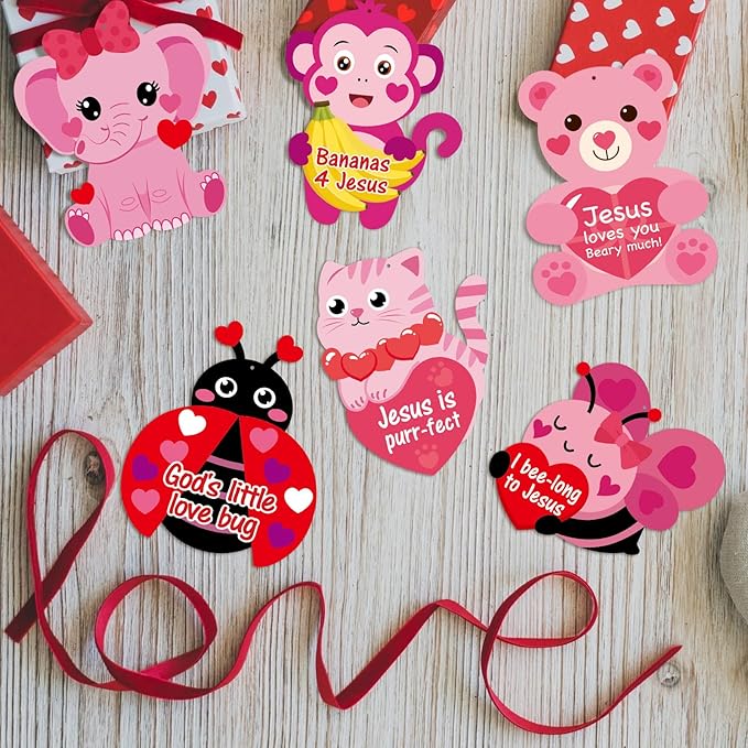Yewfold 24Pcs Valentine's Day Religious Animal Craft Kit, Valentines Heart Jesus Sticker Crafts Make Your Own Christian Church Arts, DIY Home Sunday Project Activities