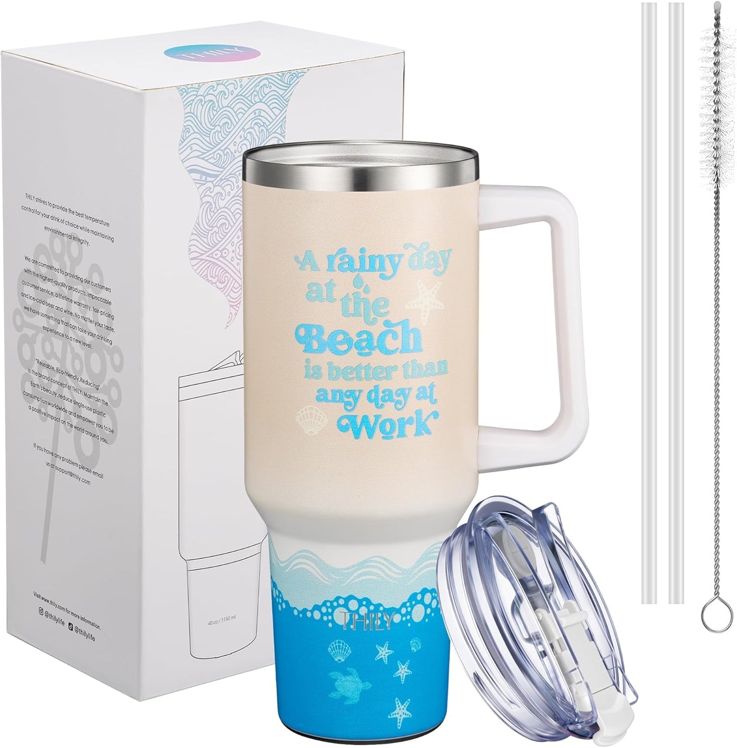 THILY 40 oz Stainless Steel Tumbler with Handle - Vacuum Insulated Travel Cup, Splash-Proof Lid, 2 Straws & Brush | Keeps Drinks Cold 34H/Hot 12H, Cupholder Friendly - Beach