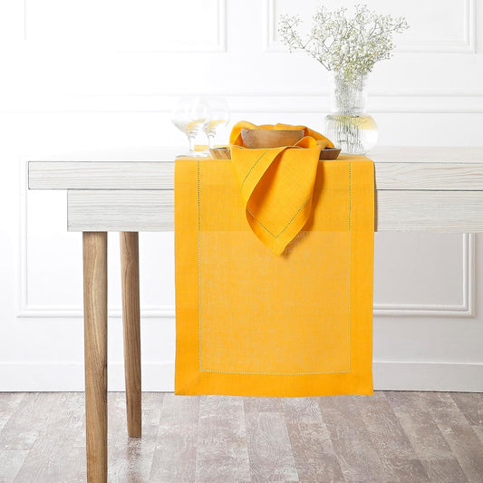 D'Moksha Homes Linen Sunflower Yellow Table Runner 48 Inches - Classic Hemstitch, 100% Pure Linen Coffee Table Runner 14 x 48 Inch Ideal for Dresser Tables - Fall, Autumn and Halloween
